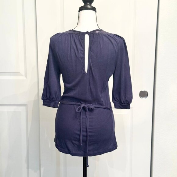 Ella Moss Navy Blue Three Quarter Sleeve Belted Wrap Top Blouse, Size S - Picture 3 of 7
